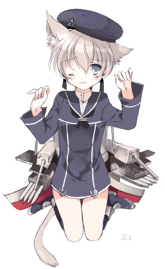 animal_ears bad_id bad_pixiv_id cat_ears cat_tail cierra_(ra-bit) clothes_writing grey_hair hat kantai_collection kneeling long_sleeves looking_at_viewer machinery neckerchief one_eye_closed sailor_hat school_uniform serafuku side_ponytail silver_hair solo tail white_background z1_leberecht_maass_(kantai_collection)