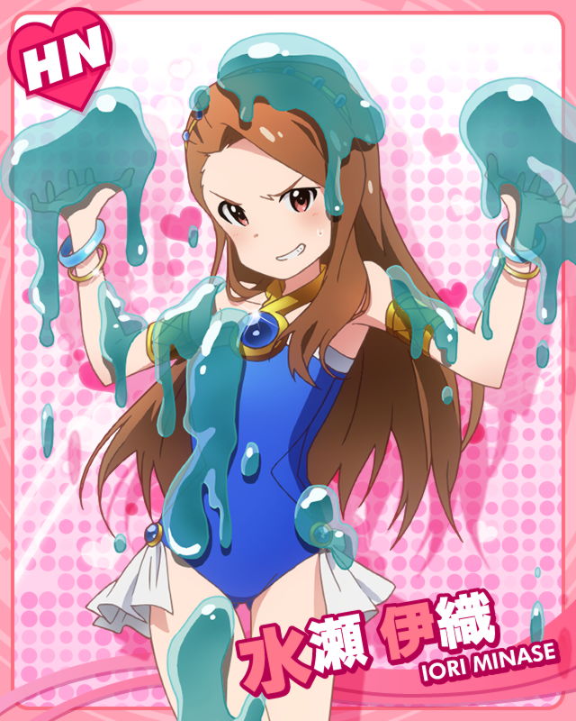 artist_request bracelet brown_hair character_name idolmaster idolmaster_(classic) idolmaster_million_live! jewelry long_hair minase_iori official_art pink_background pink_eyes solo
