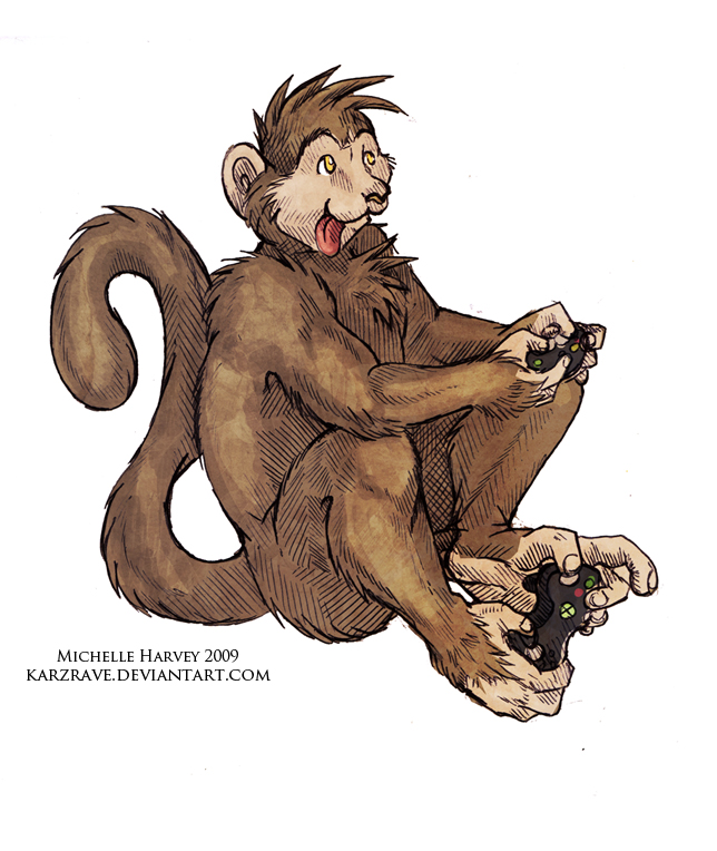 baboon brown_hair controller hair male mammal michelle_harvey monkey nude plain_background prehensile_feet primate sitting solo white_background