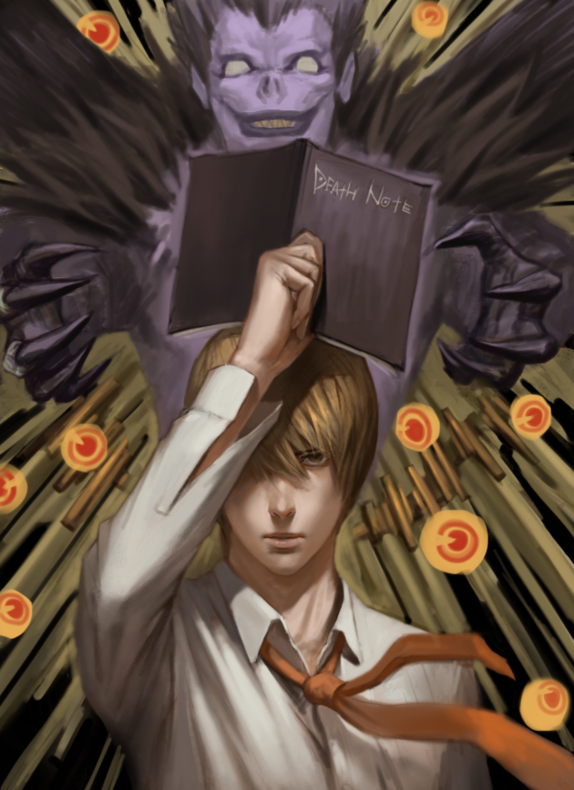 blank_eyes book brown_eyes brown_hair death_note dress_shirt evil_grin evil_smile expressionless grin holding holding_book looking_at_viewer male_focus multiple_boys necktie painterly purple_skin realistic ryuk shirt smile third-party_edit upper_body wind xiongmaotao yagami_light