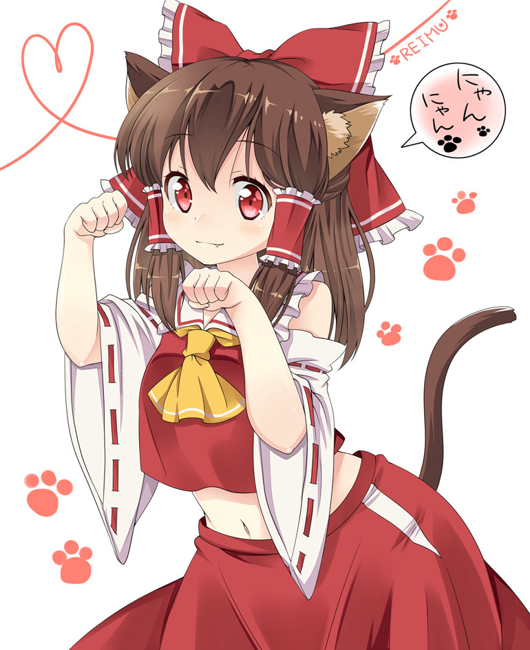 animal_ears ascot bare_shoulders bow brown_hair cat_ears cat_tail detached_sleeves fang fang_out hair_bow hair_tubes hakurei_reimu haruki_(colorful_macaron) heart heart_of_string kemonomimi_mode looking_at_viewer midriff navel nontraditional_miko paw_pose paw_print red_eyes shirt skirt smile solo tail touhou white_background wide_sleeves