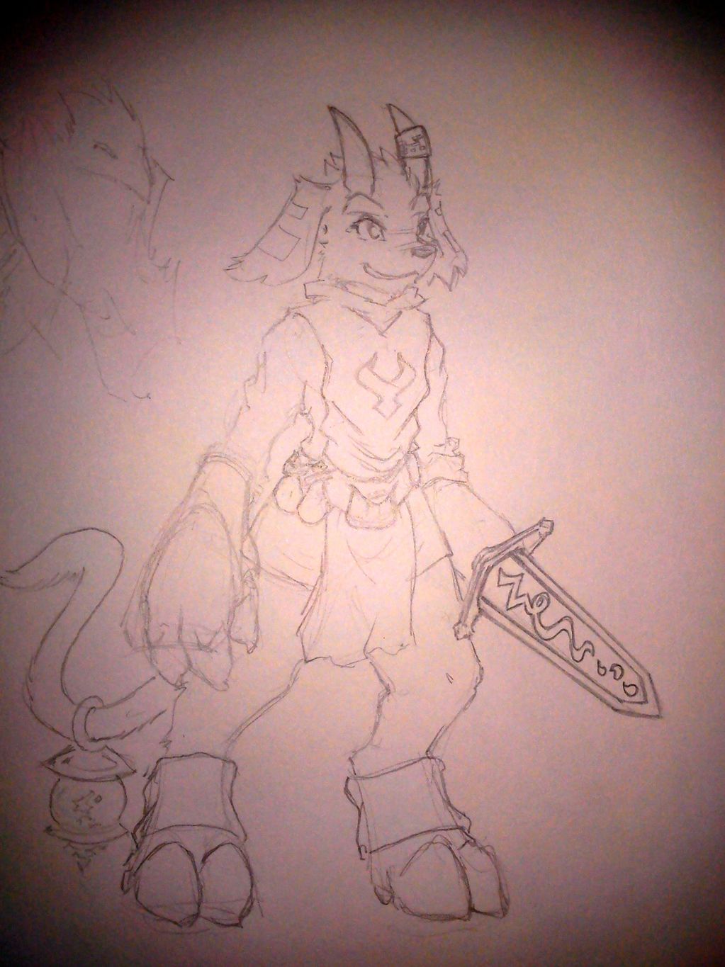 caprice caprine claws clothed clothing demon fur goat grin hooves horn horn_ring lantern male mammal packmind plain_background sketch solo standing sword weapon