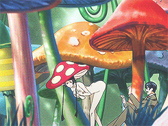 1boy 1girl alice_in_wonderland animated animated_gif ass_shake bent_over black_hair bodysuit braid breast_smother ciel_phantomhive covering covering_breasts formal holding_arms jumping kuroshitsuji lowres mushroom naked nude older ranmao restrained suit