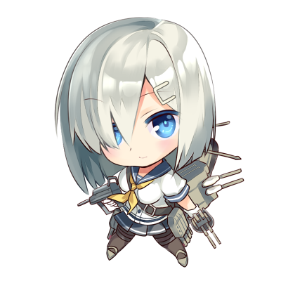 blue_eyes cannon chibi hair_ornament hair_over_one_eye hairclip hamakaze_(kantai_collection) kantai_collection looking_at_viewer lowres machinery neckerchief pantyhose rei_(rei's_room) school_uniform serafuku short_hair short_sleeves silver_hair skirt solo yellow_neckwear