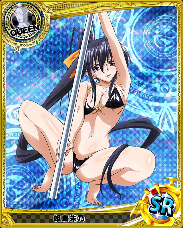 artist_request bikini blue_hair bow card_(medium) chess_piece hair_bow high_school_dxd himejima_akeno long_hair looking_at_viewer navel official_art parted_lips pole pole_dancing ponytail purple_eyes queen_(chess) solo squatting stripper_pole swimsuit tareme trading_card very_long_hair