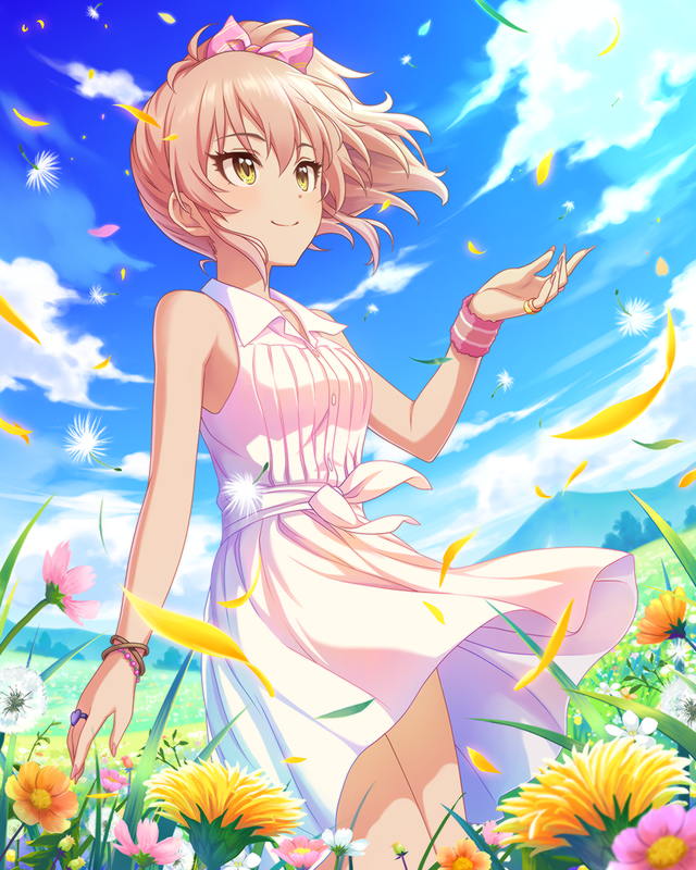 artist_request bare_shoulders day field flower flower_field idolmaster idolmaster_cinderella_girls jewelry jougasaki_mika official_art pink_hair ring shirt sky smile solo white_shirt wristband yellow_eyes