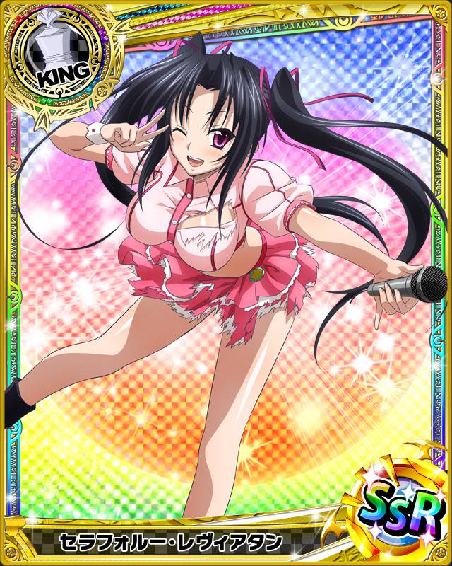 black_hair bow breasts card_(medium) hair_ribbon high_school_dxd large_breasts long_hair looking_at_viewer microphone midriff official_art one_eye_closed open_mouth purple_eyes ribbon serafall_leviathan skirt smile solo torn_clothes trading_card tsurime twintails v very_long_hair