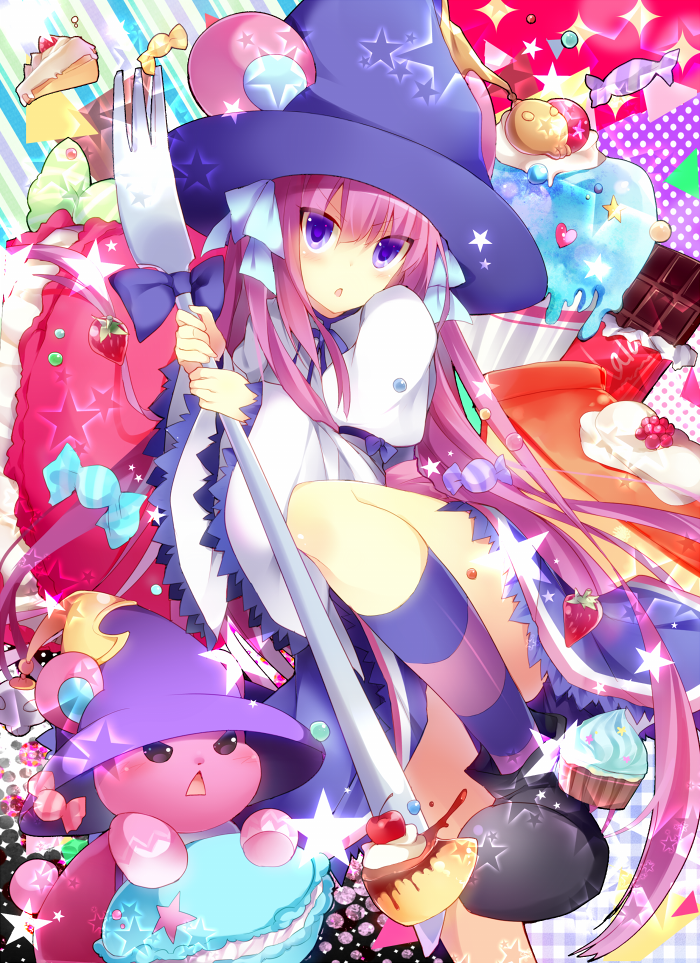 bad_id bad_pixiv_id bear cake chocolate cupcake dumpty dumpty_alma emil_chronicle_online food fork fruit hat heart homaderi long_hair looking_at_viewer macaron pudding purple_eyes purple_hair puzzle_&amp;_dragons sparkle star strawberry sweets triangle_mouth witch_hat