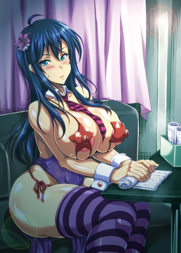 1girl asakura_yuu_(-unlimited) blue_hair breasts curtains large_breasts long_hair pasties sitting solo