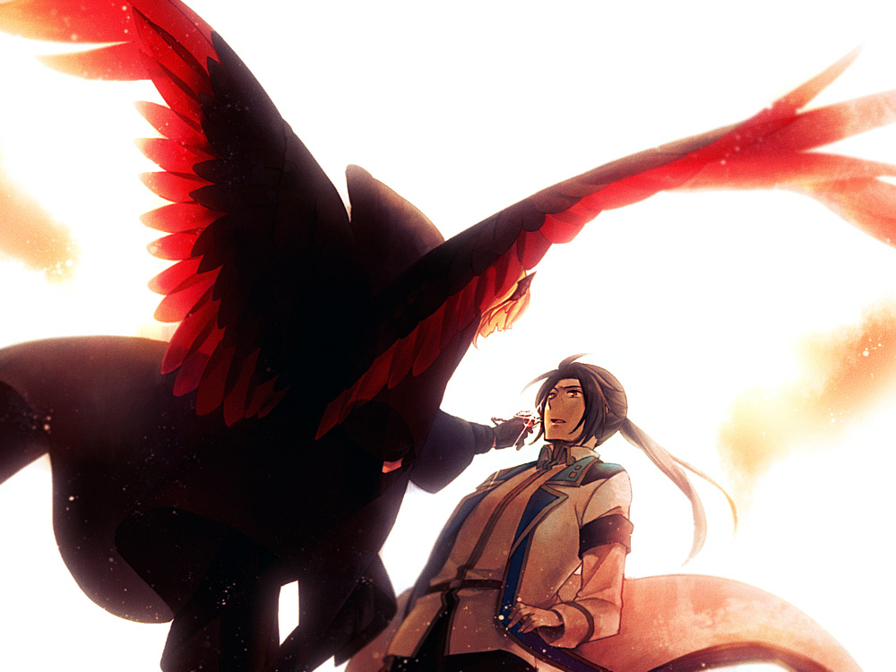 1girl black_hair blonde_hair brown_eyes cloak coat commentary_request demon_horns dutch_angle glint gloves holding hood hood_down horns jewelry kana_(eisenadler) large_wings long_hair looking_at_another outstretched_hand pixiv_fantasia pixiv_fantasia_fallen_kings ponytail scar spread_wings surprised wings