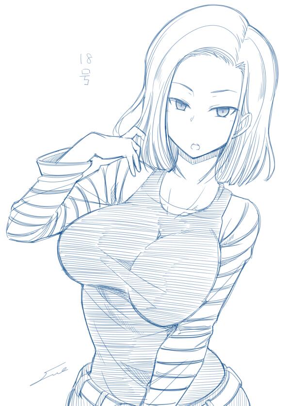 android_18 breast_squeeze breasts dragon_ball fue_(rhomphair) large_breasts monochrome short_hair