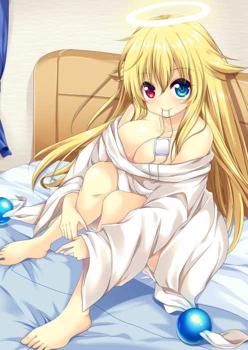bare_legs barefoot blue_eyes breasts cleavage eyepatch eyepatch_removed halo heterochromia large_breasts long_hair mouth_hold on_bed original red_eyes sendou_hachi sitting smile solo