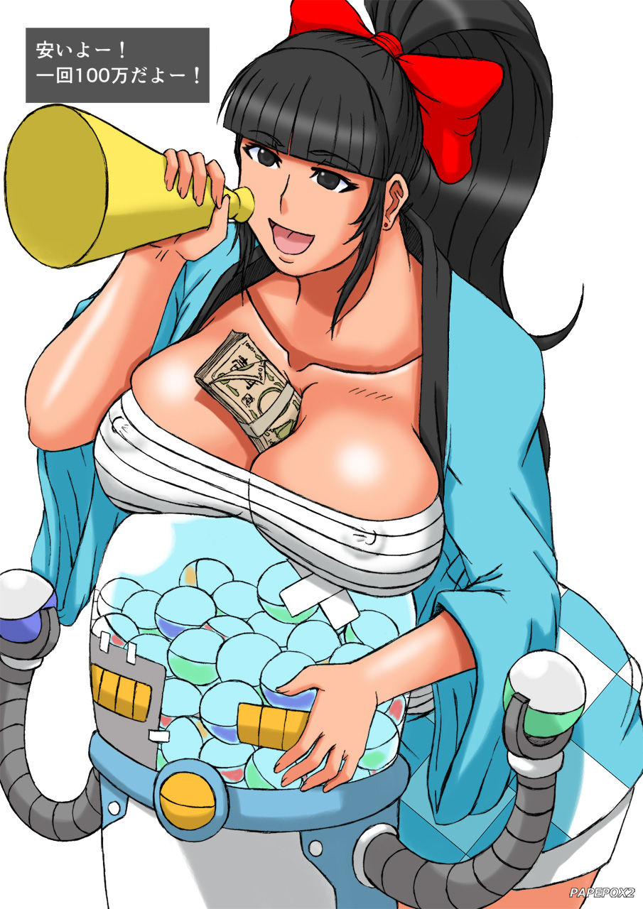 1girl black_hair breasts character_request cleavage large_breasts money papepox2 robot smile source_request