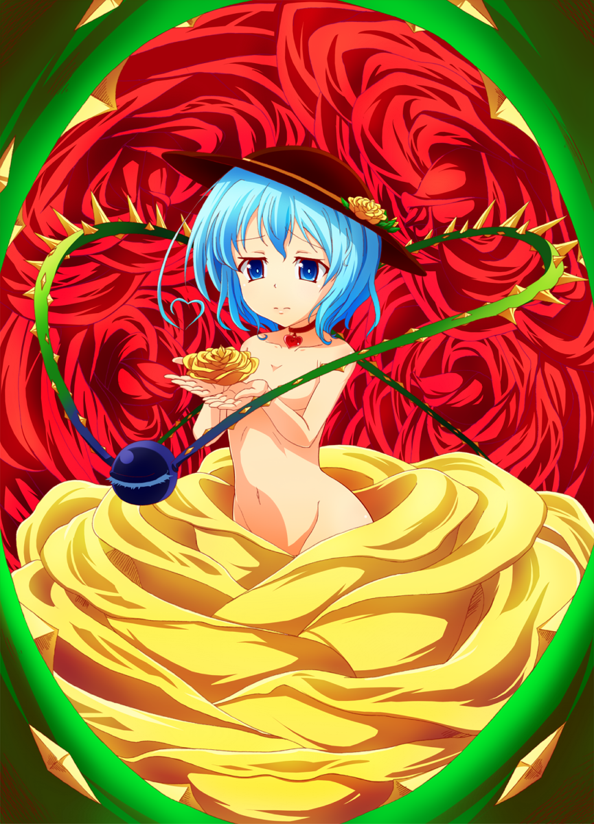 blue_eyes blue_hair byoubyou censored choker collarbone convenient_censoring flower hat hat_flower heart highres jewelry komeiji_koishi navel nude pendant plant red_flower red_rose rose solo third_eye touhou vines yellow_flower yellow_rose
