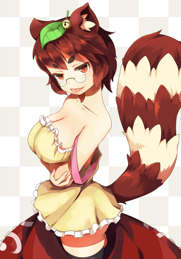 1girl :p animal_ears bare_shoulders bell black_legwear breasts brown_hair cleavage futatsuiwa_mamizou glasses jingle_bell large_breasts leaf leaf_on_head pince-nez raccoon_ears raccoon_tail red_eyes short_hair skirt skirt_pull smile solo strap_slip tail thighhighs tongue tongue_out touhou