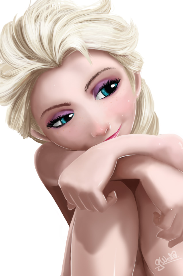 blonde_hair elsa_(frozen) frozen_(disney) guy-who-does-art hands_on_own_knees leaning_back legs_together lying solo