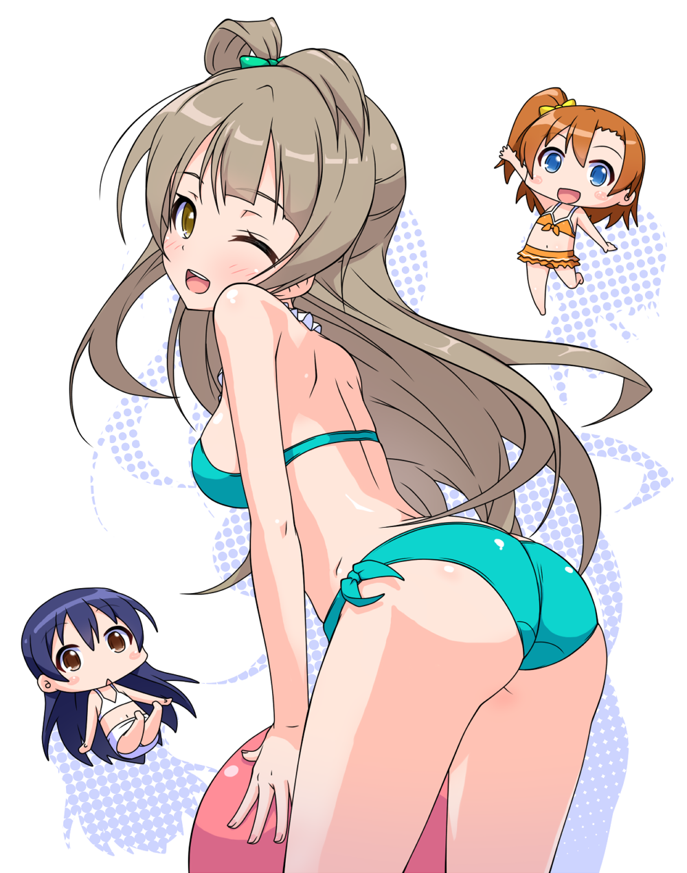 ass bikini blue_eyes blue_hair blush breasts brown_eyes brown_hair chibi flat_chest green_bikini highres k10k kousaka_honoka long_hair looking_at_viewer looking_back love_live! love_live!_school_idol_project medium_breasts minami_kotori multiple_girls one_eye_closed one_side_up open_mouth sonoda_umi swimsuit