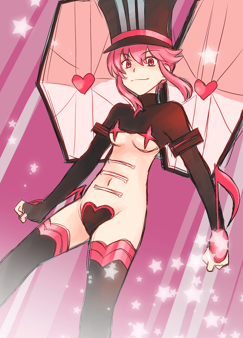 boots breasts c-string cotatu eighth_note elbow_gloves gloves hat heart jakuzure_nonon kill_la_kill medium_breasts musical_note pink_eyes pink_hair revealing_clothes shako_cap sidelocks smile solo speaker symphony_regalia thigh_boots thighhighs underboob