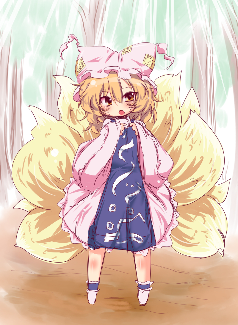 blonde_hair blush dress forest fox_tail hands_on_own_chest hat long_sleeves looking_at_viewer multiple_tails muuba nature open_mouth pillow_hat pink_dress solo tabard tail touhou wide_sleeves yakumo_ran yellow_eyes younger