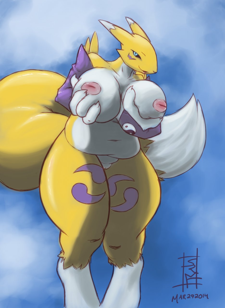 2014 anthro barefoot big_breasts big_nipples breasts canine chubby digimon female fox fur happy hi_res looking_at_viewer mammal navel nipples nude open_mouth packmind pussy renamon smile solo squint standing