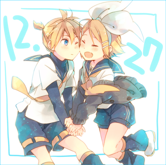 1girl :d blush brother_and_sister cardigan cheek-to-cheek closed_eyes fang hair_ornament hair_ribbon hairband hairclip holding_hands kagamine_len kagamine_rin leg_warmers one_eye_closed open_cardigan open_clothes open_mouth ousaka_nozomi ribbon sailor_collar shorts siblings smile twins vocaloid