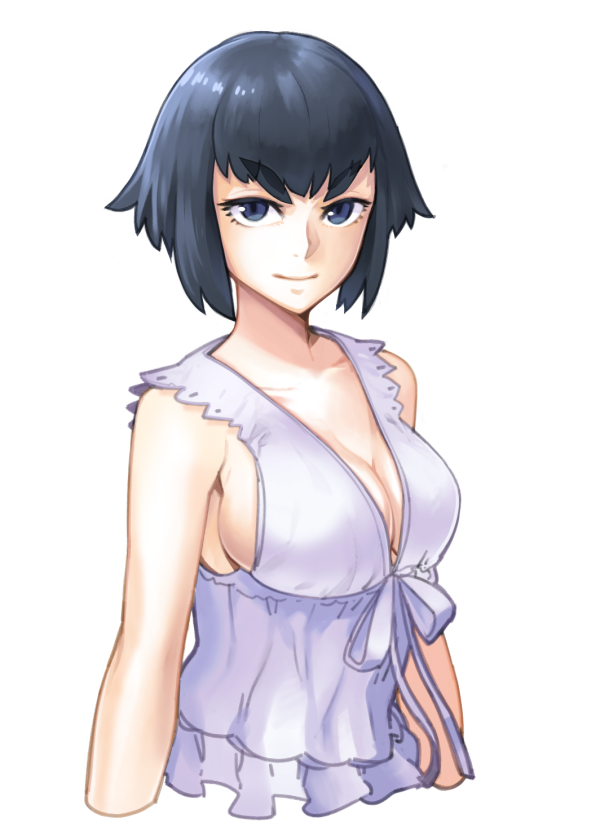 alternate_hairstyle black_hair blouse blue_eyes breasts casual cleavage eyebrows kill_la_kill kiryuuin_satsuki large_breasts light_smile masn_(moxi) shirt short_hair sideboob simple_background solo spoilers thick_eyebrows upper_body white_background white_blouse