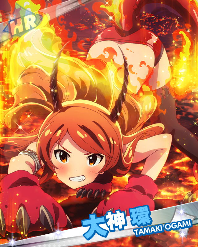 armlet bent_over brown_eyes brown_hair character_name fire grin horns idolmaster idolmaster_million_live! lizard_tail looking_at_viewer official_art oogami_tamaki salamander smile solo tail thighhighs