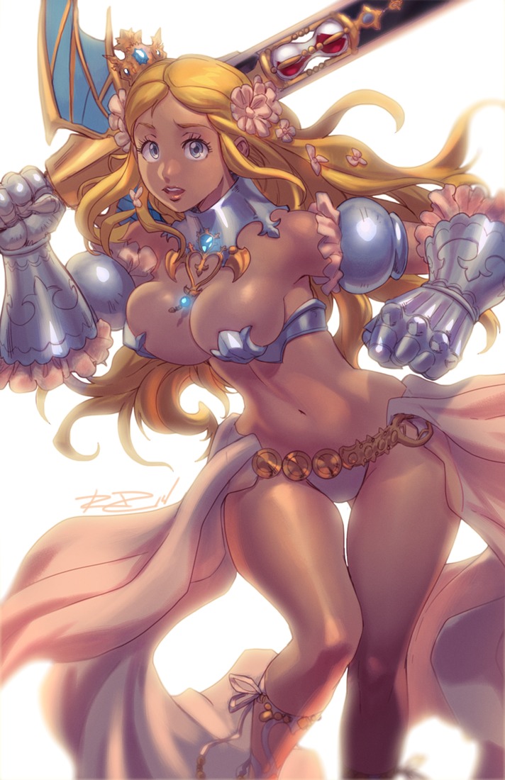 armor bikini_armor blonde_hair blue_eyes breasts cleavage code_of_princess commentary crown detached_collar flower gauntlets hair_flower hair_ornament huge_weapon large_breasts lips long_hair md5_mismatch navel over_shoulder revision robert_porter showgirl_skirt slender_waist solange_blanchefleur_de_luxe solo sword sword_over_shoulder weapon weapon_over_shoulder wide_hips