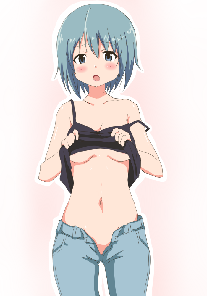 bad_id bad_pixiv_id blue_hair blush breasts camisole casual denim hoshino. jeans mahou_shoujo_madoka_magica medium_breasts midriff miki_sayaka navel no_panties pants short_hair solo stomach strap_slip underboob unzipped