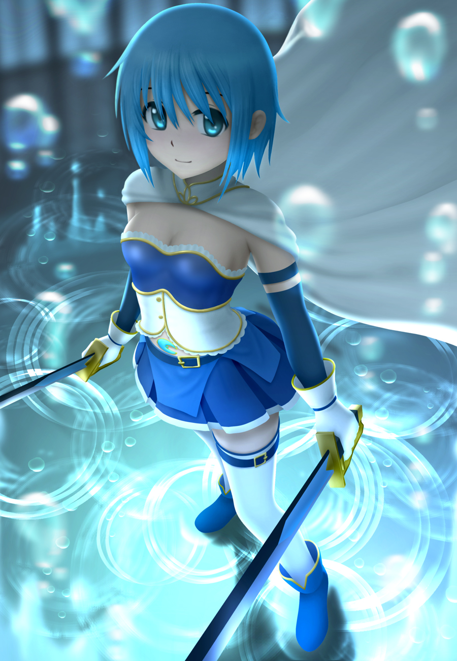 belt blue_belt blue_eyes blue_hair boots breasts bubble buckle cape cleavage dual_wielding elbow_gloves frills full_body gloves highres holding looking_at_viewer magical_girl mahou_shoujo_madoka_magica miki_sayaka ripples short_hair siraha skirt small_breasts smile solo soul_gem standing sword thighhighs water weapon white_legwear