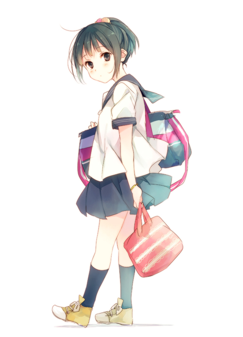 bag blush gym_bag handbag looking_back original ousaka_nozomi ponytail school_uniform serafuku short_hair skirt solo