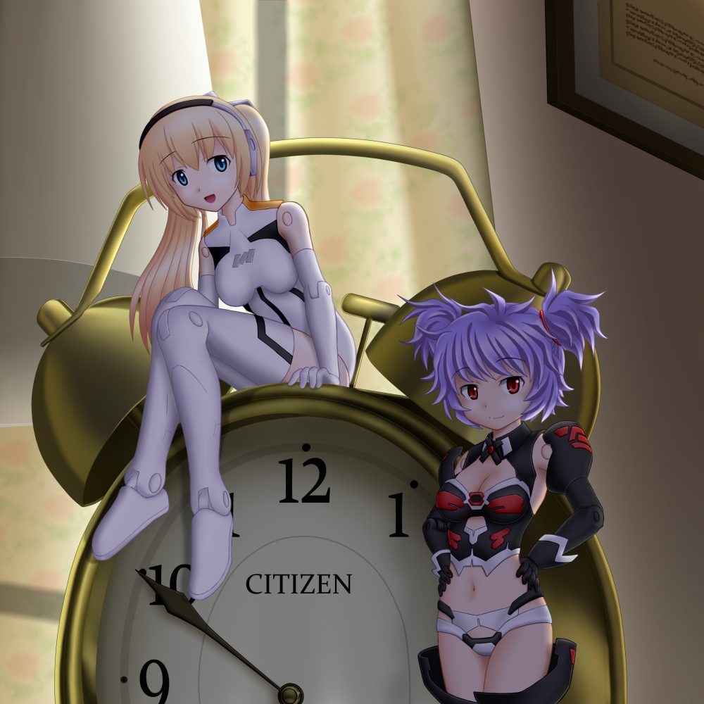 alarm_clock altines arnval bare_shoulders blonde_hair blue_eyes breasts busou_shinki cleavage clock curtains dark doll_joints hand_on_hip headband indoors long_hair looking_at_viewer medium_breasts midriff minigirl multiple_girls mushoku_no_hourousha navel open_mouth purple_hair red_eyes short_hair short_twintails sitting smile thighhighs twintails
