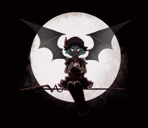 atg_(wttoo0202) backlighting bad_id bad_pixiv_id bat_signal bat_wings brooch crazy_smile cup darkness dress full_moon glowing glowing_eyes hat hat_ribbon jewelry looking_at_viewer mob_cap moon night puffy_sleeves remilia_scarlet ribbon short_sleeves sitting sitting_on_object solo spear_the_gungnir teacup touhou wings