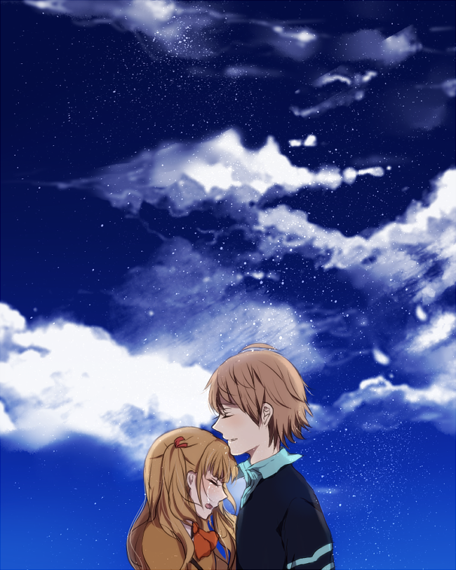 1girl brown_hair closed_eyes couple day hetero hisanuma_sayu isaki_kaname long_hair nagi_no_asukara short_hair sky tears yuri_(pooh020202)