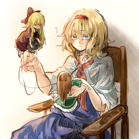 alice_margatroid blonde_hair blue_eyes blush bow capelet chair doll dress hairband hiso_(inoino_4) hourai_doll lowres short_hair sitting touhou