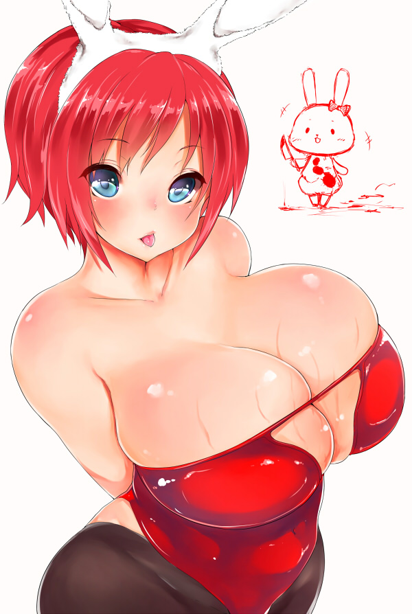 animal_ears bad_id bad_pixiv_id black_legwear blue_eyes blush breasts bunny bunny_ears bunnysuit cleavage collarbone fake_animal_ears huge_breasts looking_at_viewer open_mouth original pantyhose red_hair sakuru simple_background solo tongue tongue_out