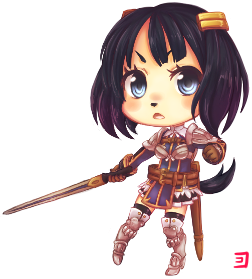 armor bad_id bad_pixiv_id belt black_hair blue_eyes chibi dog_tail hair_ornament kokoro_rokoko majo_to_hyakkihei scabbard sheath simple_background sword tail thighhighs viscole_dotrish weapon zettai_ryouiki