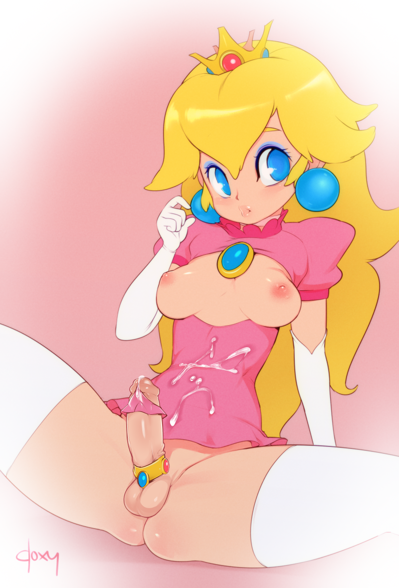 bad_id bad_tumblr_id blonde_hair blue_eyes breasts breasts_outside cock_ring crown cum cum_on_self cum_on_stomach doxy earrings elbow_gloves eyeshadow gloves jewelry long_hair makeup mario_(series) newhalf nipples penis penis_ribbon princess_peach ribbon small_breasts solo spread_legs super_mario_bros. testicles thighhighs white_legwear