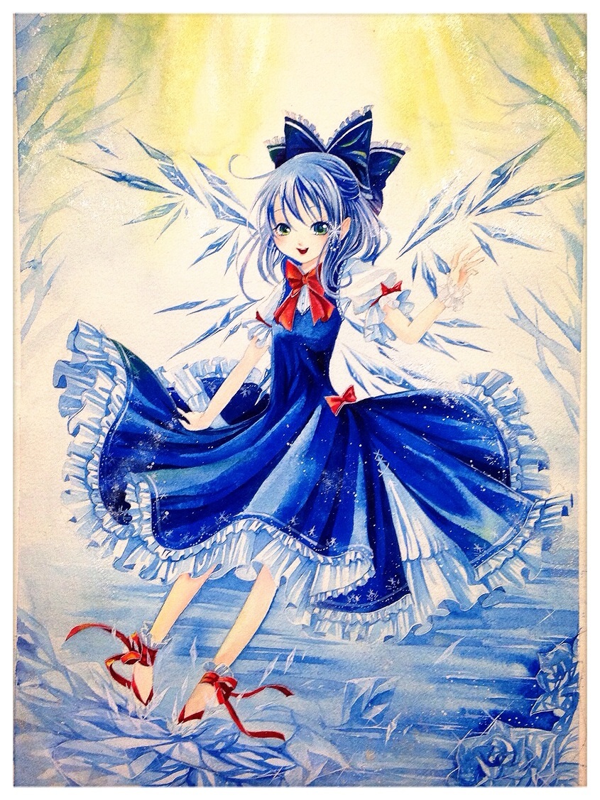 ankle_cuffs ankle_ribbon bare_tree blue_hair bow chirarizushi cirno dress embellished_costume flower frilled_dress frills hair_bow hand_up ice ice_wings light_rays looking_at_viewer open_mouth pointy_ears puffy_short_sleeves puffy_sleeves ribbon rose shards short_hair short_sleeves skirt_hold solo sparkle sunbeam sunlight touhou traditional_media tree watercolor_(medium) wings wrist_cuffs yellow_eyes