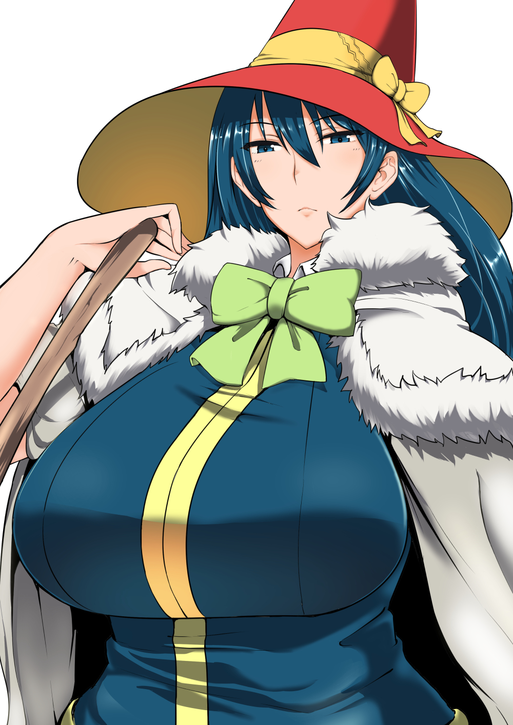 are_(arearee) blue_eyes blue_hair breasts hat highres huge_breasts kagari_ayaka lips simple_background solo white_background witch_craft_works witch_hat