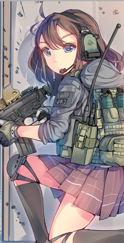 american_flag ammunition_pouch ar-15 assault_rifle blue_eyes body_armor brown_hair daito gloves gun headset knee_pads load_bearing_vest long_hair lowres original plate_carrier pleated_skirt pouch radio rifle skirt sleeves_pushed_up solo weapon