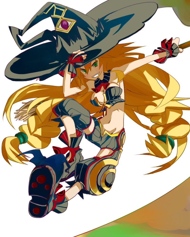 blonde_hair boots braid breasts broom full_body green_eyes groin hair_ornament hat iwaserie majo_to_hyakkihei medium_breasts metallica_(majo_to_hyakkihei) midriff navel ribbon simple_background solo twin_braids witch witch_hat wristband