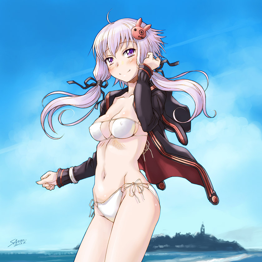 2013 ahoge artist_name bikini blush breasts bunny_hair_ornament cleavage collarbone covered_nipples day hair_ornament hair_ribbon jacket long_sleeves low_twintails medium_breasts navel open_clothes open_jacket purple_eyes purple_hair ribbon sameha_ikuya signature smile solo standing swimsuit twintails vocaloid voiceroid white_bikini yuzuki_yukari