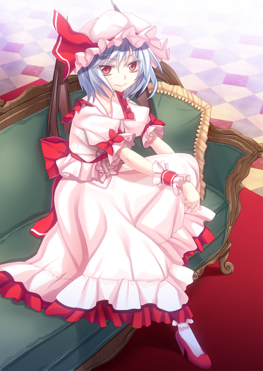 arm_rest ascot bat_wings blue_hair bow checkered checkered_floor couch hat hat_ribbon high_heels highres ina_(inadahime) leg_up light_smile looking_at_viewer mob_cap pillow puffy_short_sleeves puffy_sleeves red_carpet red_eyes remilia_scarlet ribbon short_hair short_sleeves sitting skirt skirt_set solo touhou wings wrist_cuffs