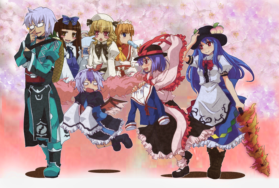 6+girls akuto ankle_socks bird_wings black_hair blonde_hair blue_eyes blue_hair blush_stickers boots bow cherry_blossoms chestnut_mouth cross-laced_footwear dress drooling eating finger_to_face floral_background flying food fruit glasses gradient gradient_background hair_bow hand_on_headwear hat hat_ribbon headdress hinanawi_tenshi japanese_clothes lavender_hair layered_dress leaf long_hair long_sleeves looking_at_viewer looking_away luna_child mary_janes morichika_rinnosuke multicolored_hair multiple_girls nagae_iku o_o open_mouth peach popsicle red_eyes red_hair ribbon school_uniform serafuku shadow shoes short_hair short_sleeves silver_hair smile star_sapphire sunny_milk sword_of_hisou tokiko_(touhou) touhou two-tone_hair wings yellow_eyes