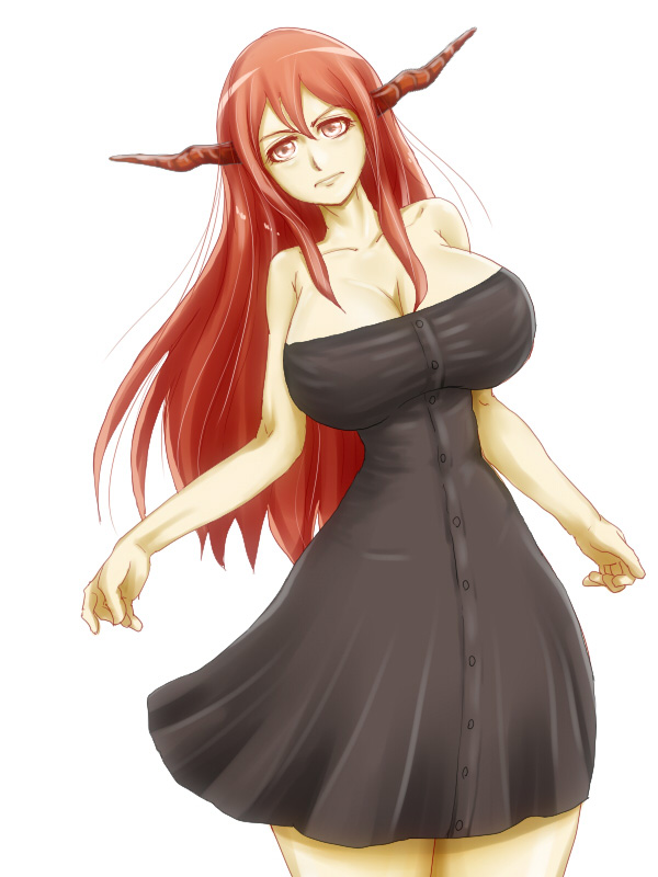 bare_shoulders black_dress breasts buttons cleavage demon_girl dress frown horns huge_breasts long_hair maou_(maoyuu) maoyuu_maou_yuusha red_eyes red_hair siratamaya slender_waist solo strapless strapless_dress