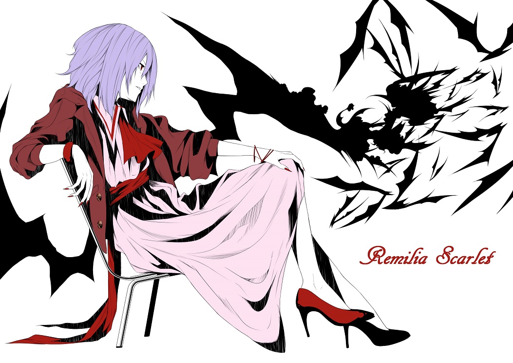 adapted_costume ascot bat bat_wings bracelet chair character_name crossed_legs dress hand_on_own_knee high_heels jacket jewelry long_sleeves nail_polish no_hat no_headwear older open_clothes open_jacket pink_dress purple_hair red_eyes red_footwear red_nails remilia_scarlet sash shoes sitting solo touhou vice_(kuronekohadokoheiku) wings