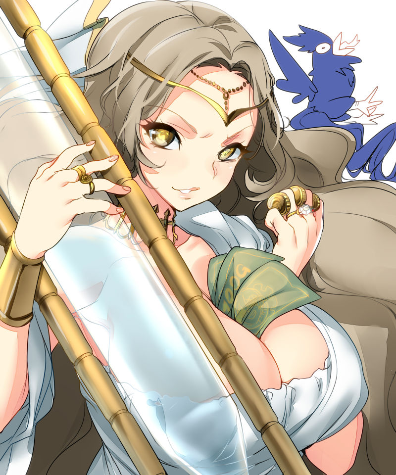 animal armpits bare_shoulders between_breasts between_fingers bird breasts circlet cleavage coin detached_sleeves dress grey_hair grin holding hourglass huge_breasts jewelry lips long_hair looking_at_viewer money money_hold naso4 neck_ring over_shoulder ring smile solo toki_no_megami transparent upper_body very_long_hair wavy_hair yellow_eyes yuusha_30