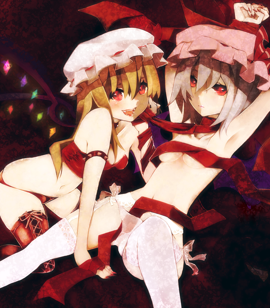 alternate_hairstyle arm_support armpits arms_up bat_wings bdsm blonde_hair blush_stickers bondage bound bound_arms bow_legwear breasts co_(eselisapyon) collarbone dominatrix expressionless fangs flandre_scarlet garter_belt grin hair_between_eyes hat lace lace-trimmed_thighhighs lavender_hair lingerie lips lipstick long_hair looking_at_viewer lying makeup midriff multiple_girls navel open_mouth pink_lipstick red_eyes red_lipstick remilia_scarlet serious short_hair side_ponytail small_breasts smile teeth thighhighs touhou underwear wings
