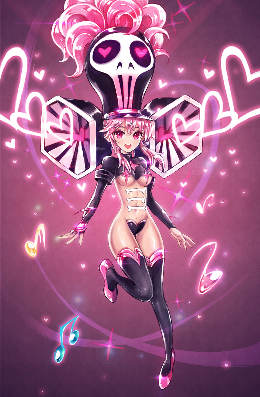 bad_id bad_pixiv_id beamed_eighth_notes bone boots breasts c-string dangmill eighth_note full_body hat heart highres jakuzure_nonon kill_la_kill medium_breasts midriff musical_note navel pink_eyes pink_hair revealing_clothes shako_cap short_hair sidelocks sixteenth_note smile solo speaker symphony_regalia thigh_boots thighhighs underboob wide_hips